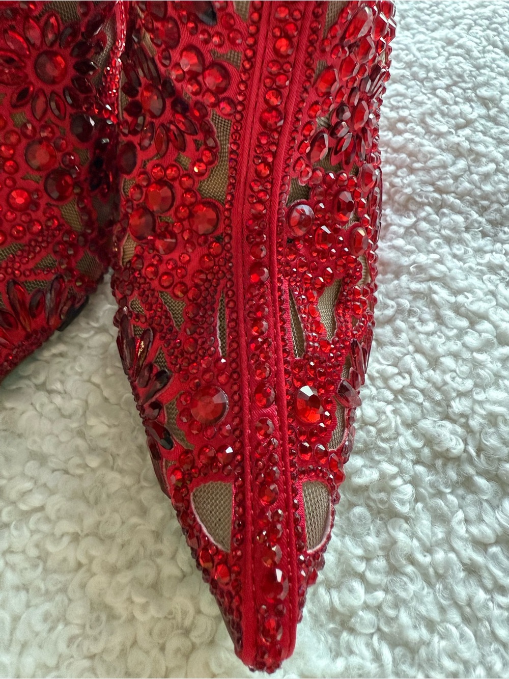 Betsey Johnson Red Embellished Lace Pointed-Toe Stiletto Ankle Boots - Picture 10 of 16